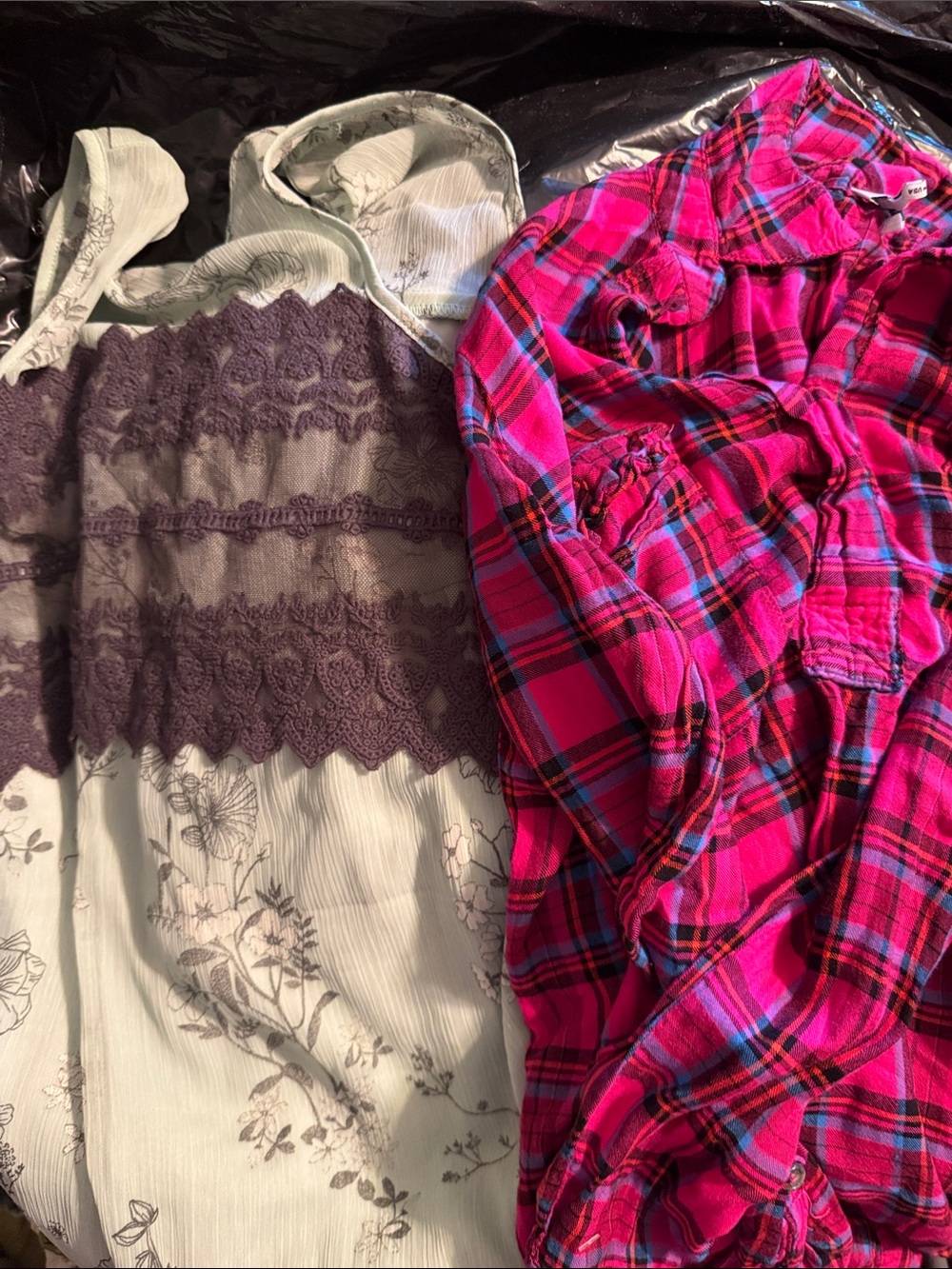 Pink Plaid Button-Up Shirt & Floral Lace Top